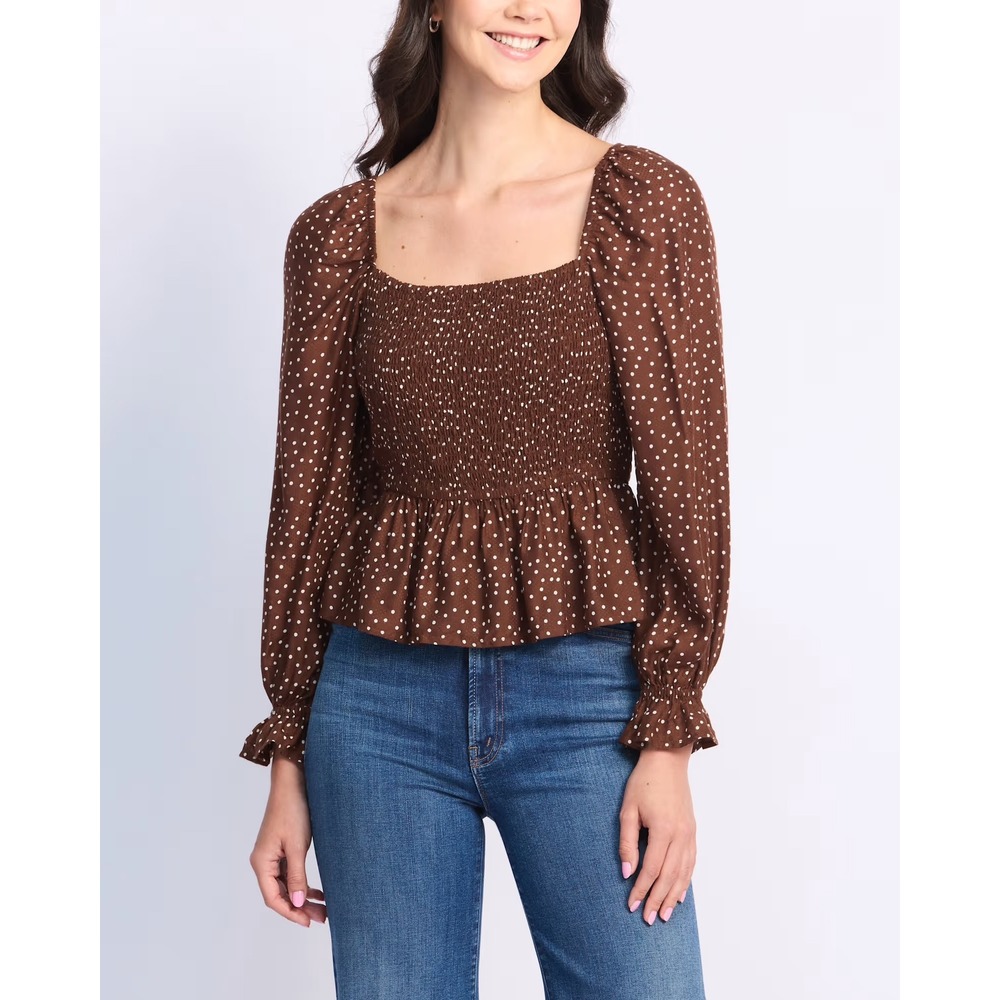 Dizzy Lizzy Mellie Smocked Top Brown Polka Dot Square Neck Long Sleeve